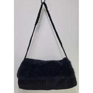 Dennis Basso Women's Black Suede Faux Fur Shoulder Evening Bag Purse Vintage